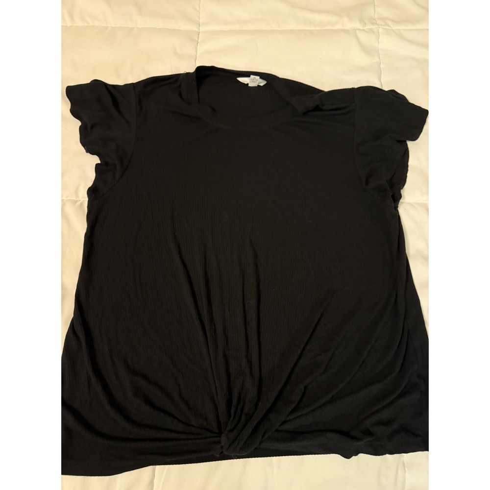 Time and Tru Womens XL Black Ribbed Flutter Sleeve Twist Front Knot Hem Top